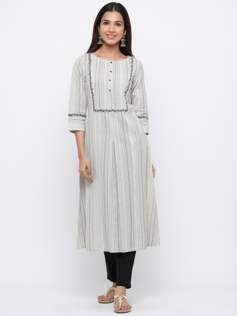 

Jaipur Kurti Women Off-White & Black Striped A-Line Kurta