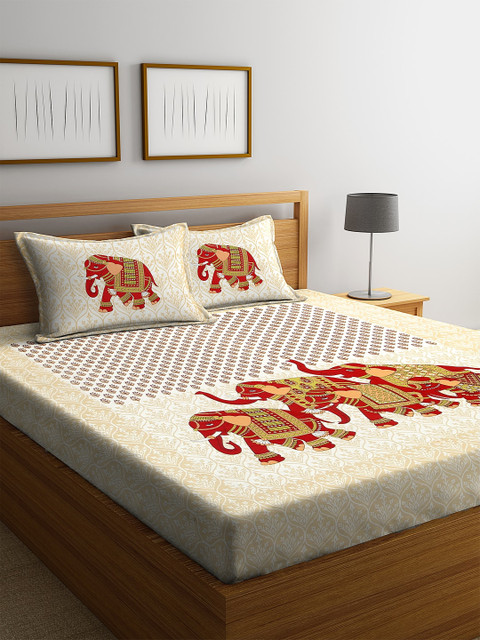 

Rajasthan Decor Beige & Red Ethnic Motifs 144 TC Cotton 1 Queen Bedsheet with 2 Pillow Covers