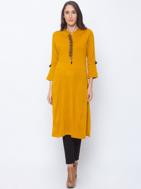 

Globus Women Mustard Yellow Solid Straight Kurta