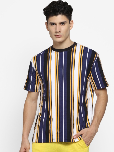 FOREVER 21 Men Navy Blue Striped Round Neck T-shirt