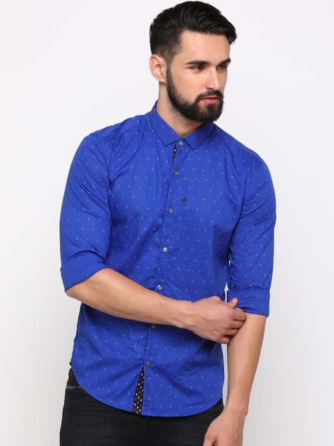 

WITH Men Blue & White Slim Fit Micro Print Casual Shirt
