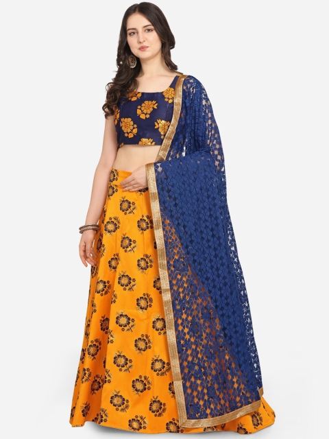 

VRSALES Yellow & Navy Blue Woven Design Semi-Stitched Lehenga & Unstitched Blouse with Dupatta