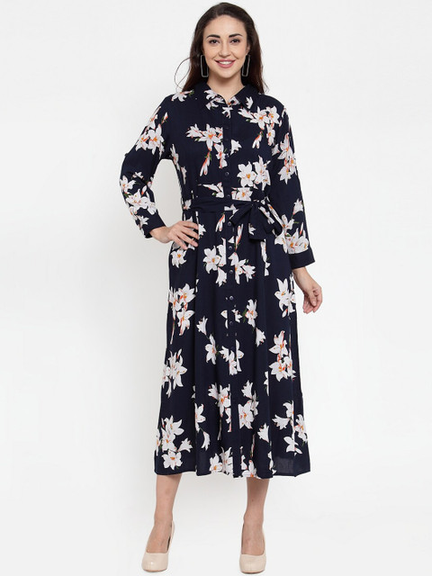 

Baani Creations Women Navy Blue & White Floral Printed Fit and Flare Dress