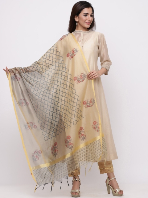 

Juniper Gold-Toned & Black Printed Chanderi Cotton Dupatta