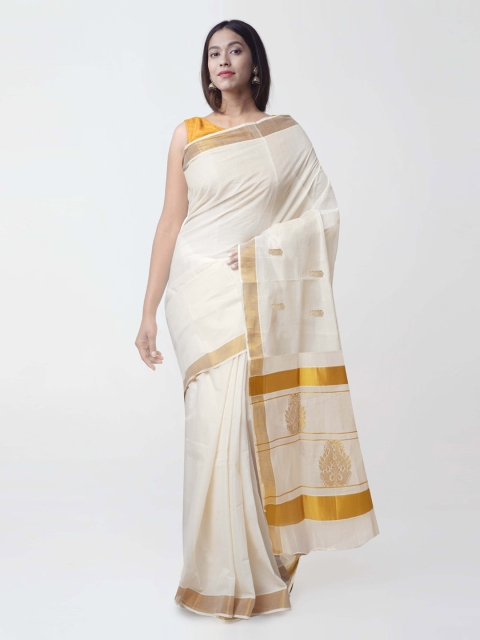 

Unnati Silks Cream-Coloured & Gold-Toned Pure Cotton Woven Design Kasavu Saree