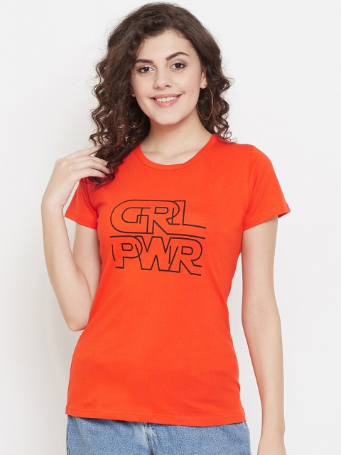

Purple Feather Women Orange Printed Round Neck T-shirt