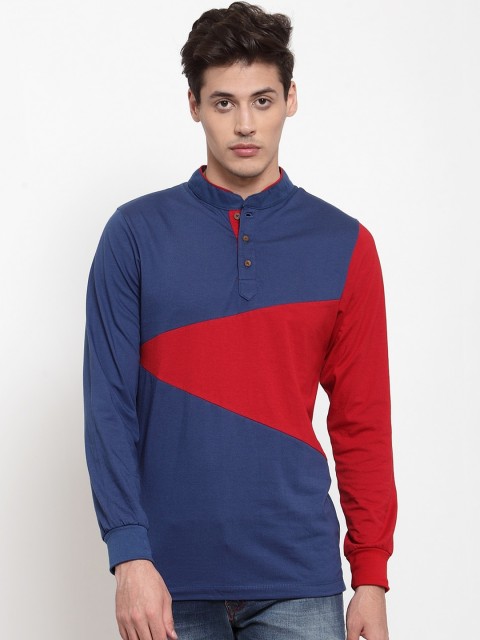 

Kalt Men Blue & Red Colourblocked Mandarin Collar T-shirt