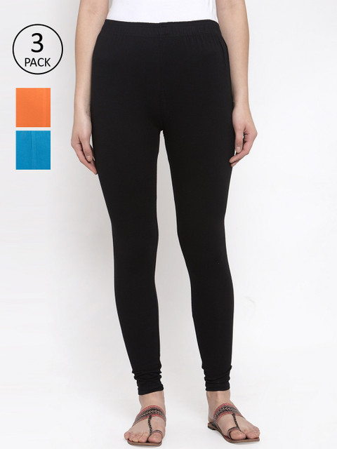 

TAG 7 Women Pack Of 3 Multicoloured Solid Churidar-Length Leggings, Black
