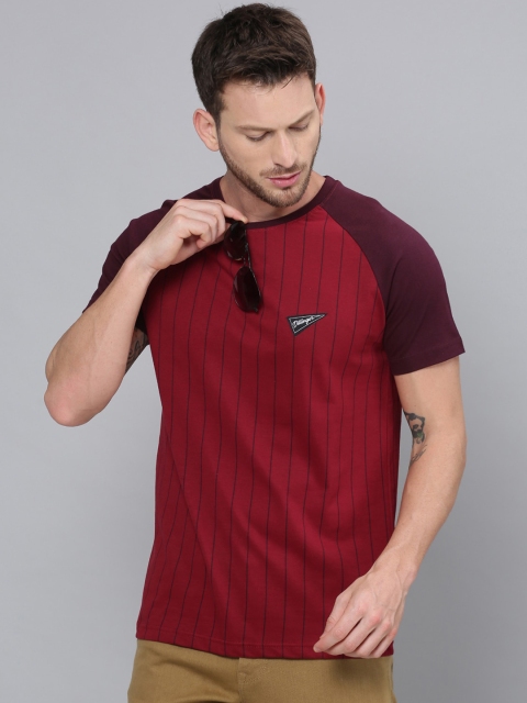 

DILLINGER Men Maroon Striped Round Neck T-shirt