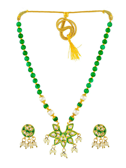 

Silvermerc Designs Gold-Plated Green & White Stone-Studded Beaded Enamelled Handcrafted Jewellery Set