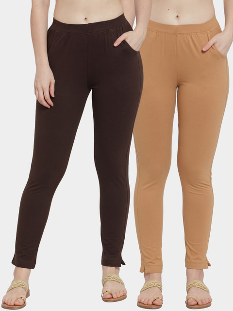 

TAG 7 Women Pack Of 2 Solid Straight-Fit Ankle-Length Leggings, Beige