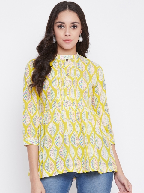 

ETHNIC STREET Women Yellow & Blue Floral Printed Gathered A-Line Top with Tucks