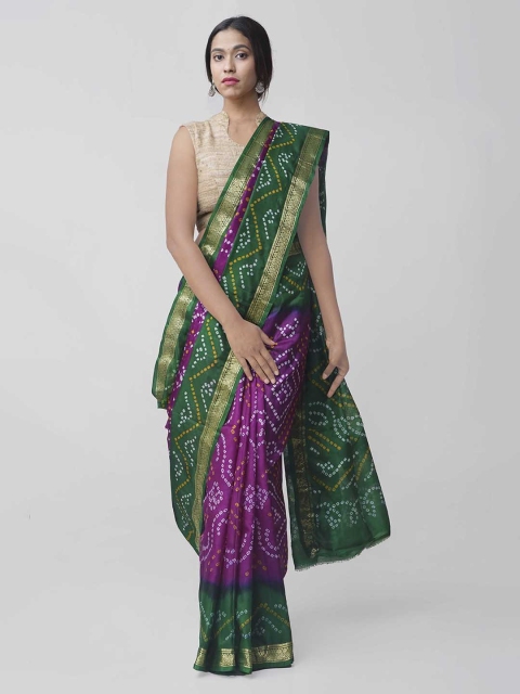 

Unnati Silks Purple & Green Pure Silk Printed Bandhani Saree