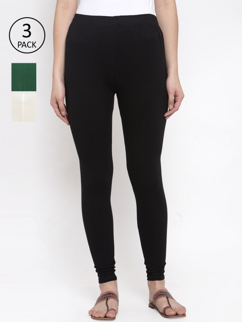 

TAG 7 Women Pack Of 3 Multicoloured Solid Churidar-Length Leggings, Black