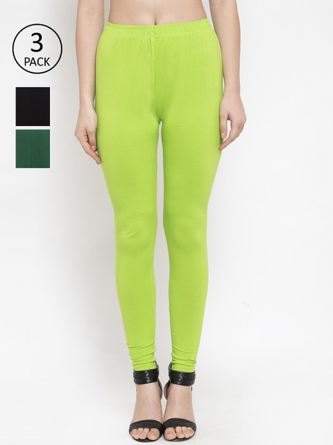 

TAG 7 Women Pack Of 3 Black & Green Solid Churidar-Length Leggings