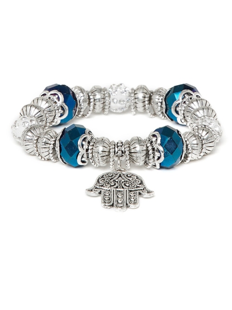 

ZeroKaata Silver-Toned & Blue Metal Elasticated Hands of Allah Charm Bracelet