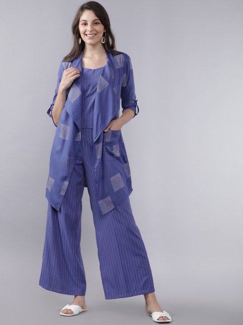 

Vishudh Women Blue & White Striped Crop Top & Palazzos with Jacket