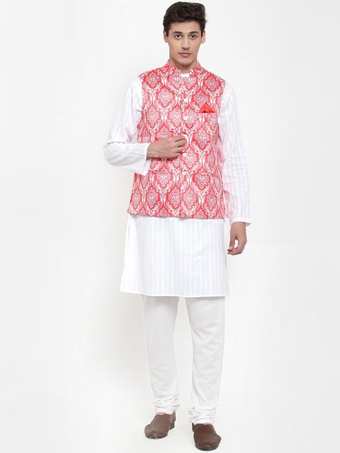 

NEUDIS Men White & Red Self Design Kurta With Churidar & Nehru Jacket
