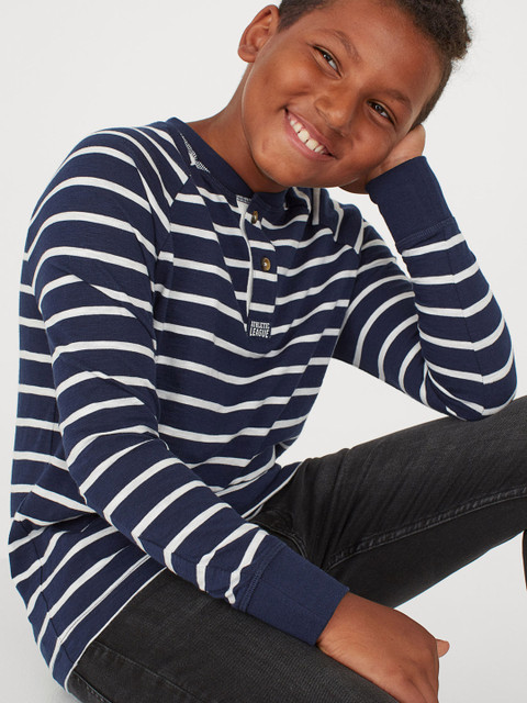 

H&M Boys Navy Blue & White Striped Jersey Henley shirt