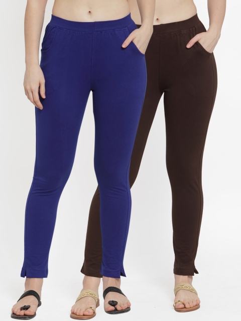

TAG 7 Women Pack Of 2 Solid Straight-Fit Ankle-Length Leggings, Blue
