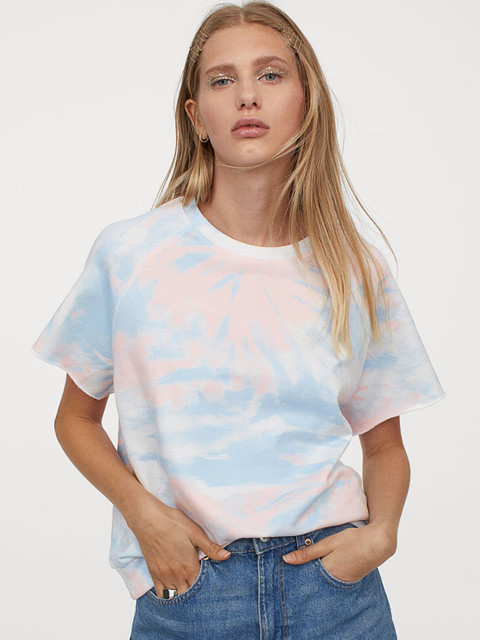

H&M Women White & Blue Printed Short-Sleeved Sweatshirt