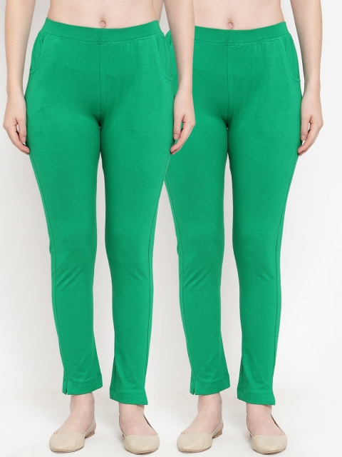 

TAG 7 Women Pack Of 2 Green Solid Straight-Fit Ankle-Length Leggings