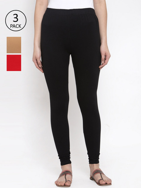 

TAG 7 Women Pack Of 3 Multicoloured Solid Churidar-Length Leggings, Black