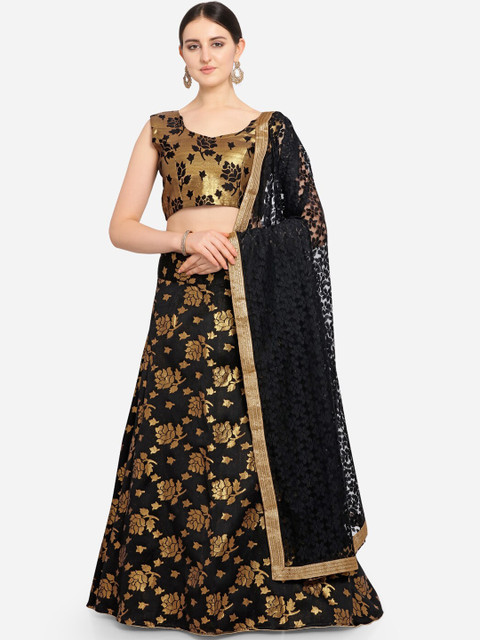 

VRSALES Black & Gold-Toned Woven Design Semi-Stitched Lehenga & Unstitched Blouse with Dupatta