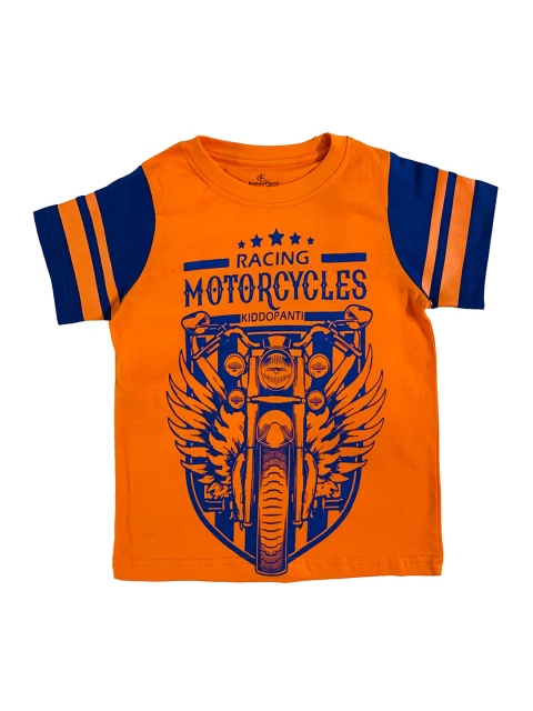 

KiddoPanti Boys Orange & Navy Blue Printed Round Neck T-shirt