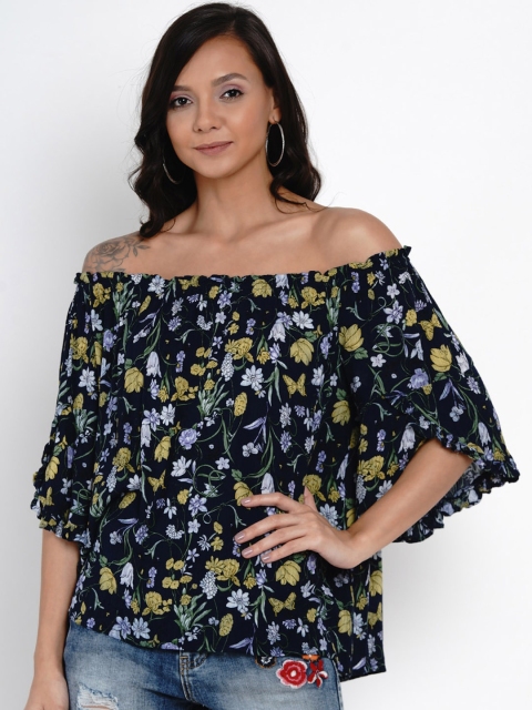 

Deal Jeans Women Navy Blue Floral Printed Bardot Top