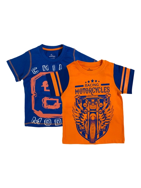 

KiddoPanti Boys Pack Of 2 Blue & Orange Chill mode & Motercycle Printed Round Neck T-shirt