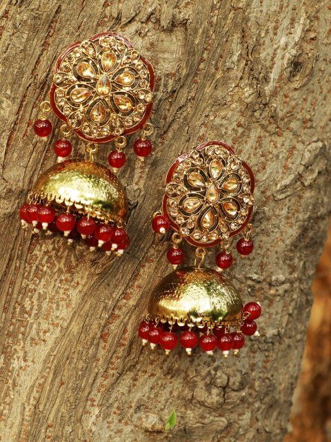 

Adwitiya Collection Gold-Plated & Red Dome Shaped Handcrafted Jhumkas