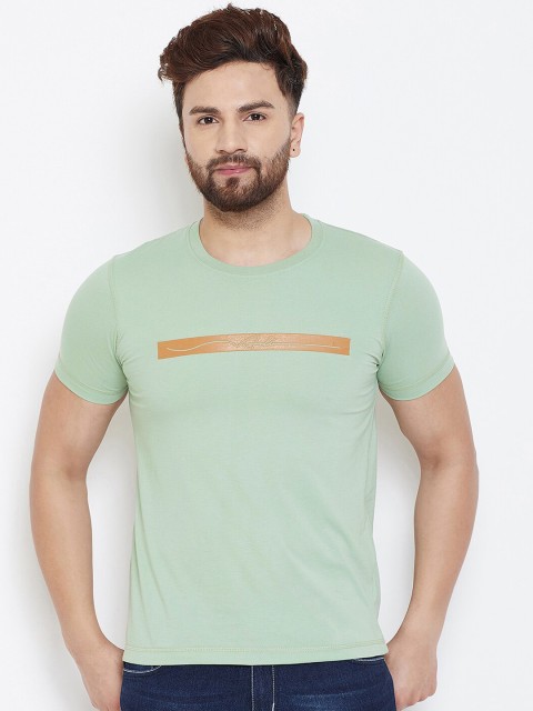 

Adobe Men Sea Green Solid Round Neck T-shirt with Printed Detail