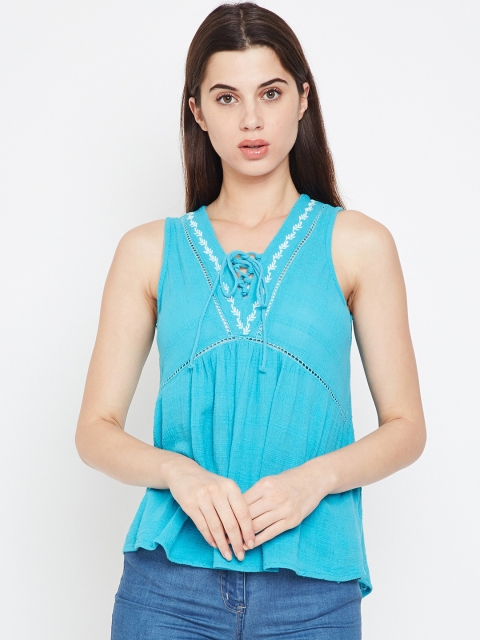 

Oxolloxo Women Teal Blue Solid A-Line Pure Cotton Top