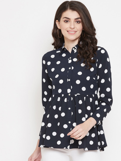 

Ruhaans Women Navy Blue And White Polka Dots Printed Shirt Style Top