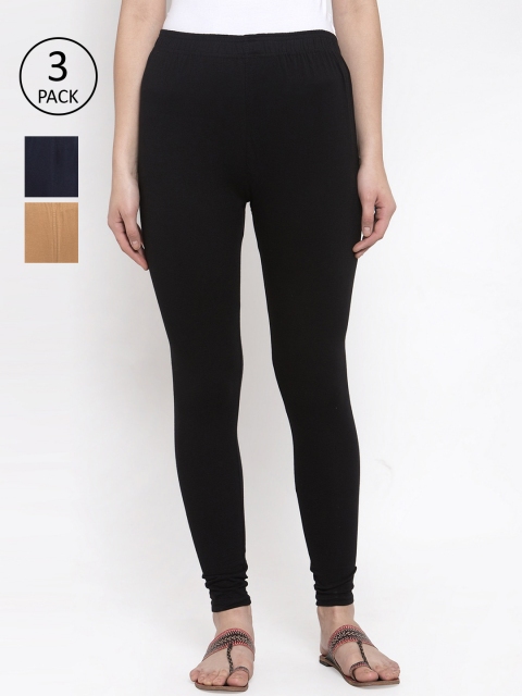

TAG 7 Women Pack Of 3 Multicoloured Solid Churidar-Length Leggings, Black