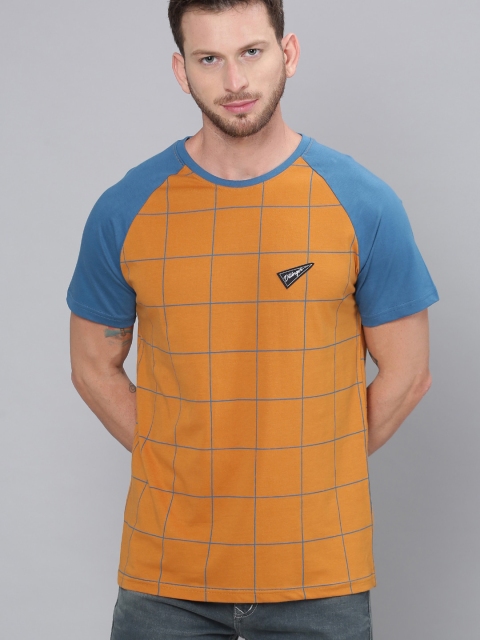 

DILLINGER Men Mustard Orange & Blue Checked Round Neck T-shirt