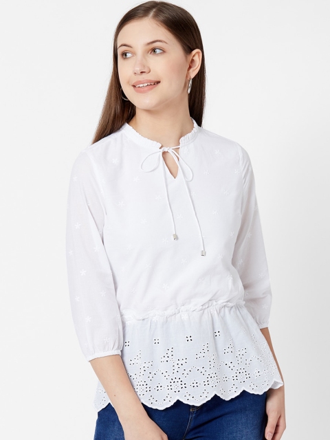 

Kraus Jeans Women White Embroidered Cinched Waist Pure Cotton Top