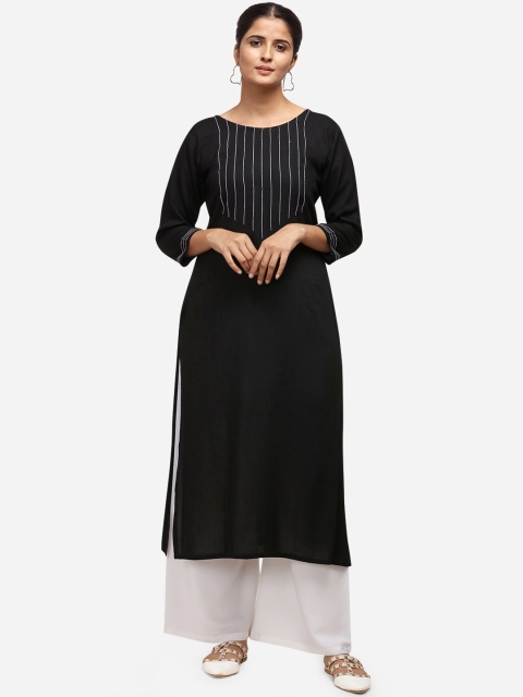 

Silk Bazar Women Black & White Embroidered Straight Kurta