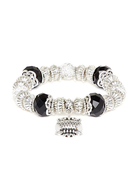 

ZeroKaata Silver-Toned & Black Metal Elasticated Owl Charm Bracelet