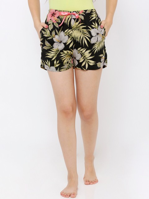 

Heart 2 Heart Women Black & Green Floral Printed Lounge Shorts LS236HIBISB