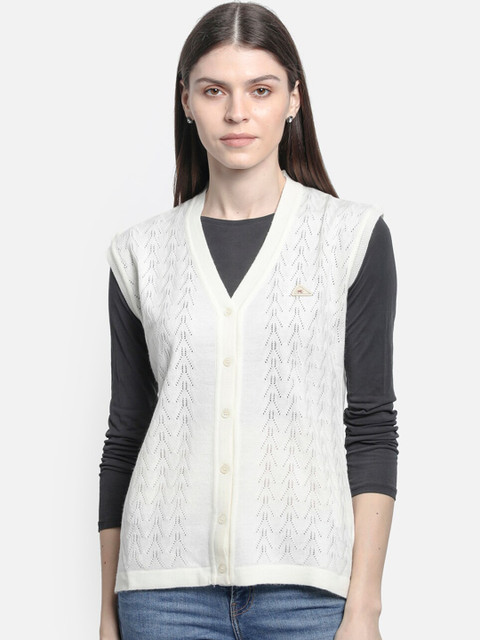 

Monte Carlo Women Off-White Self Design Cardigan Sweater