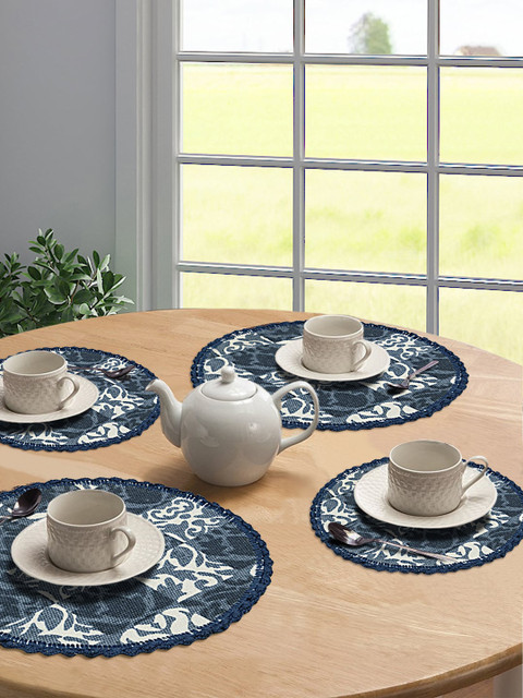 

Saral Home Set of 4 Blue & White Printed Decorative Crotchet Anti-Skid Table Placemats