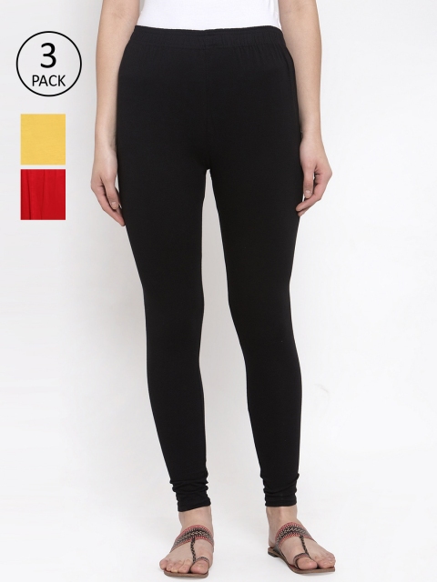 

TAG 7 Women Pack Of 3 Multicoloured Solid Churidar-Length Leggings, Black
