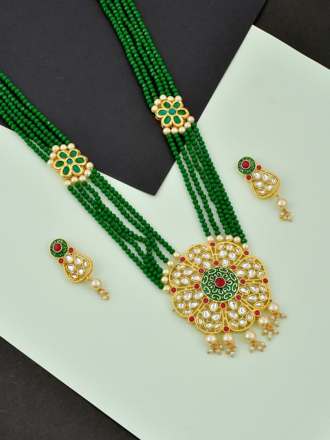 

Silvermerc Designs Women Gold-Plated & Green Kundan Beaded Jewellery Set