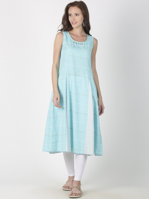 

Saffron Threads Women Blue & White Checked A-Line Kurta