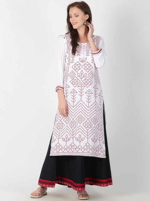 

Saffron Threads Women White & Red Embroidered Straight Kurta