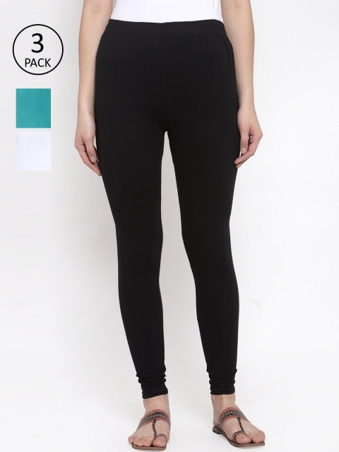 

TAG 7 Women Pack Of 3 Solid Churidar Length Leggings, Black