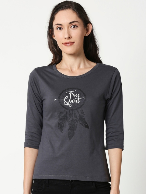 

Bewakoof Women Charcoal Grey Printed Round Neck T-shirt