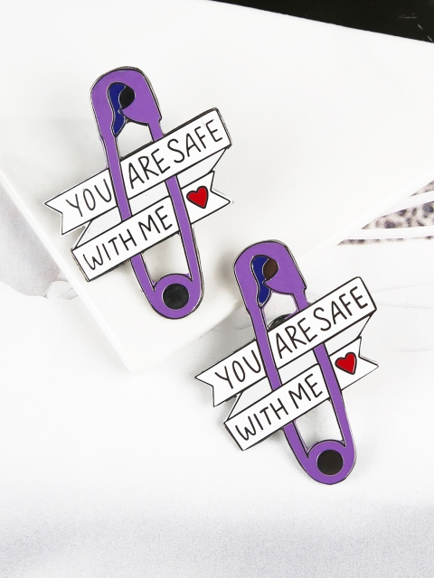 

Bigsmall Unisex Set Of 2 Purple & White You Are Safe With Me Metallic Lapel Pins